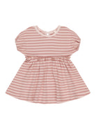 Pink striped dress with a ruffled waist and short sleeves, suitable for young girls.