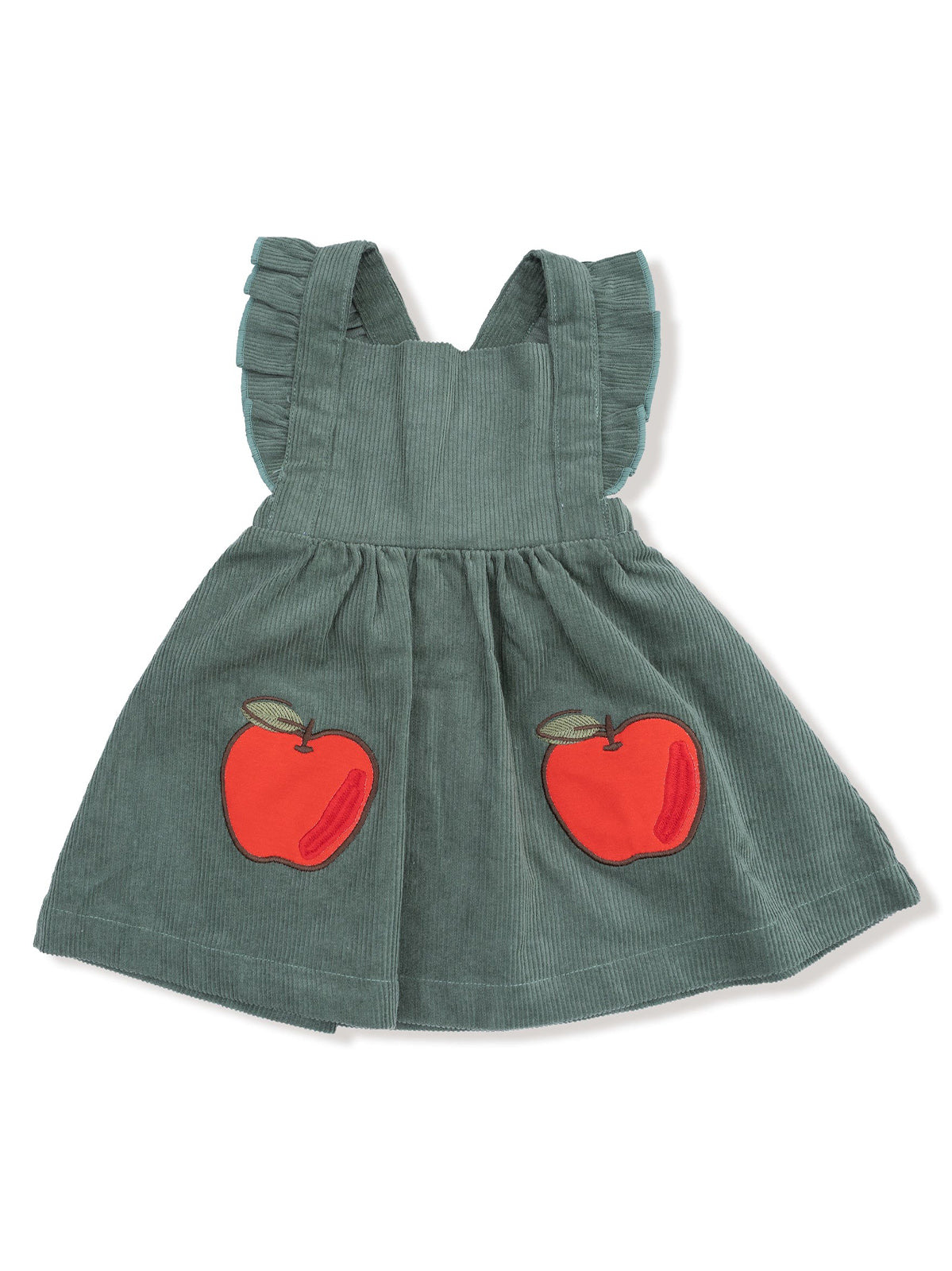 Green corduroy dress with ruffled straps and red apple appliqués on the front pockets.