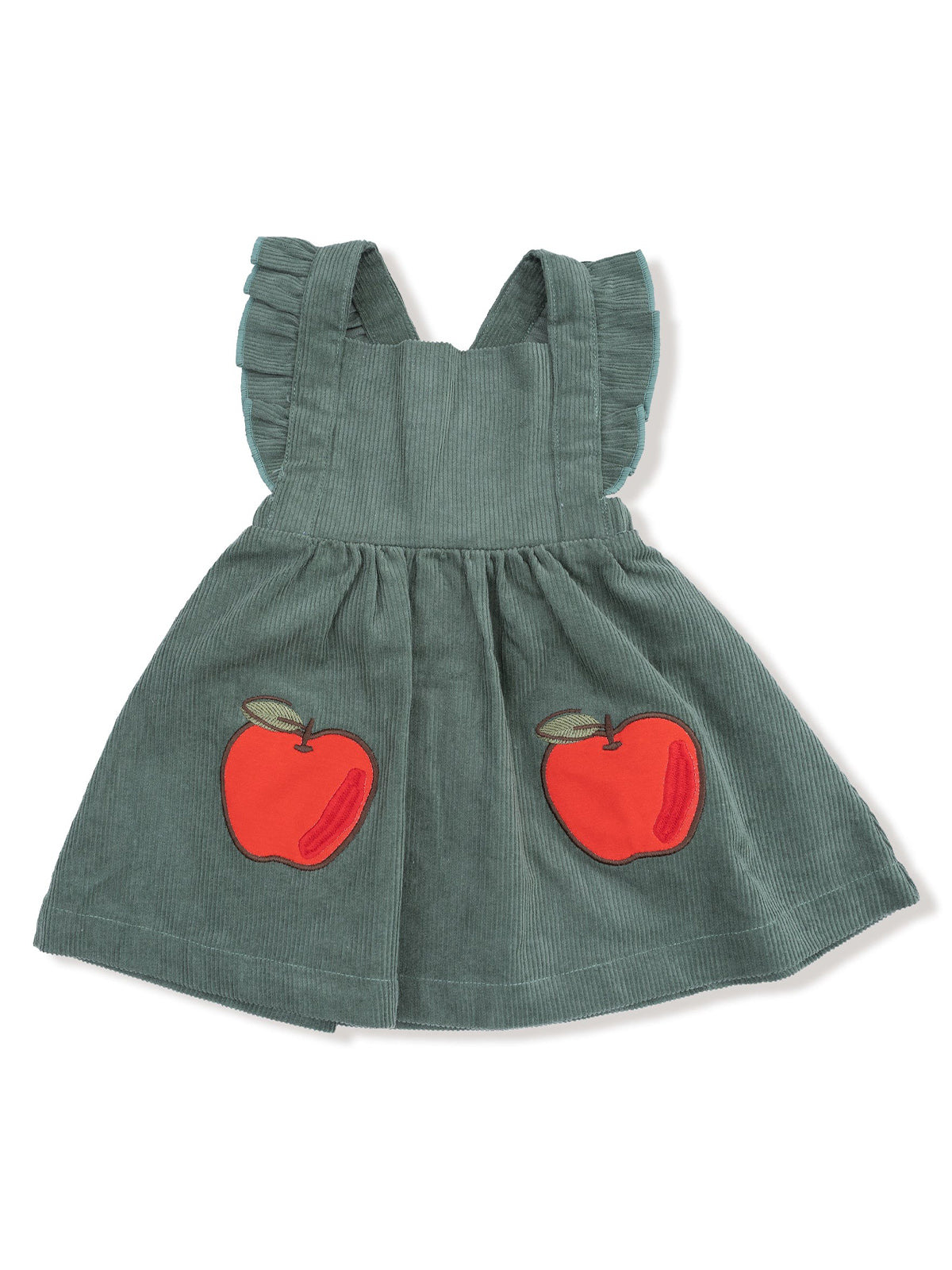 Green corduroy dress with ruffled straps and red apple appliqués on the front pockets.