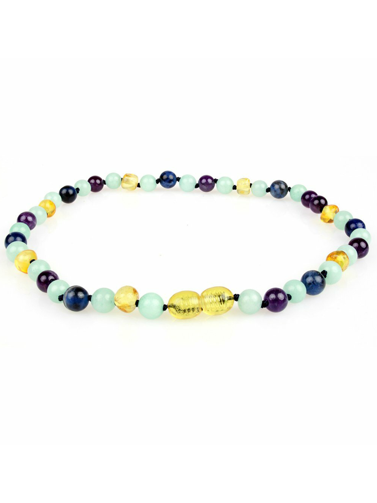 Colorful beaded necklace featuring a mix of green, yellow, blue, and purple gemstones on a white background.