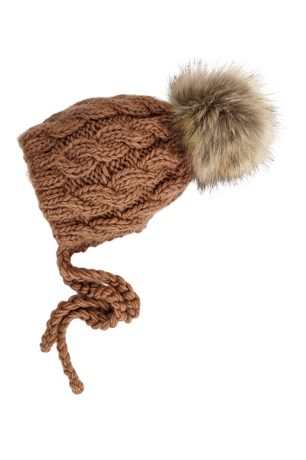 Brown knitted hat with a faux fur pom-pom on top and braided ties. Ideal for winter wear.
