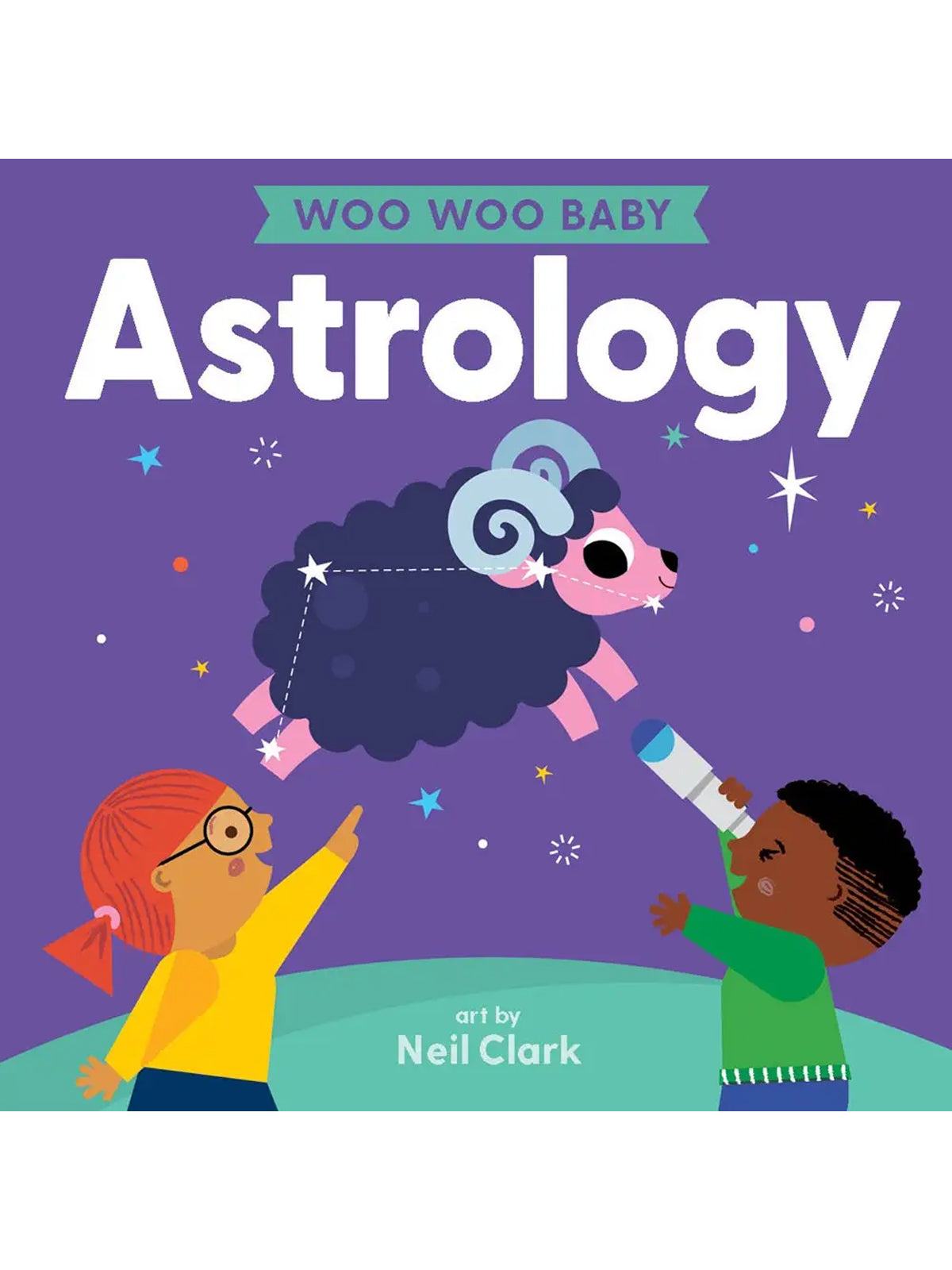 Children explore astrology with a playful illustration of a sheep and stars on a vibrant purple background.