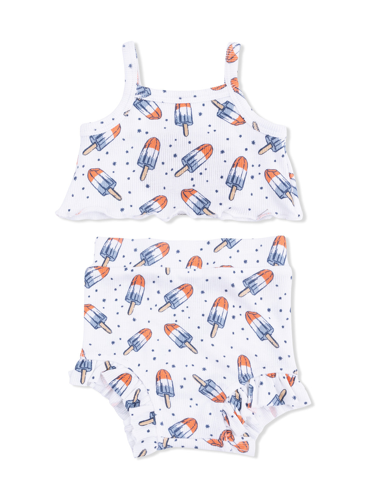 White toddler two-piece swimsuit with blue and orange popsicle pattern and ruffled hem. Ideal for summer fun.