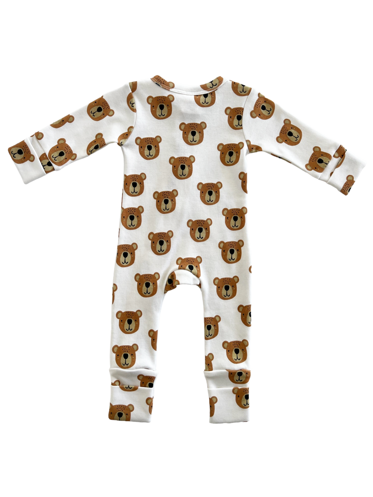 Cute baby onesie featuring a bear pattern on a white background, perfect for playful style and comfort.