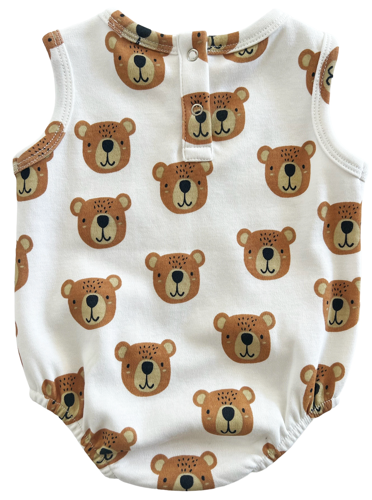 Sleeveless baby bodysuit featuring a playful bear pattern on a white background.
