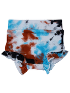 Tie-dye ruffled baby shorts in blue, brown, and black on a white background. Ideal for playful outfits.