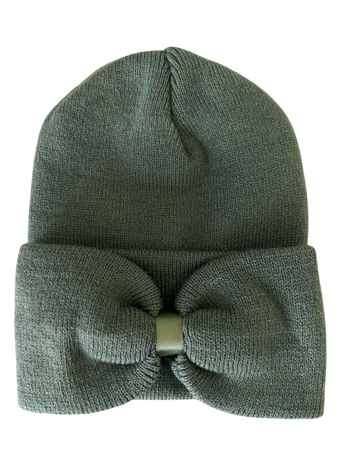 Green knitted beanie with a large bow on the front, ideal for winter wear.