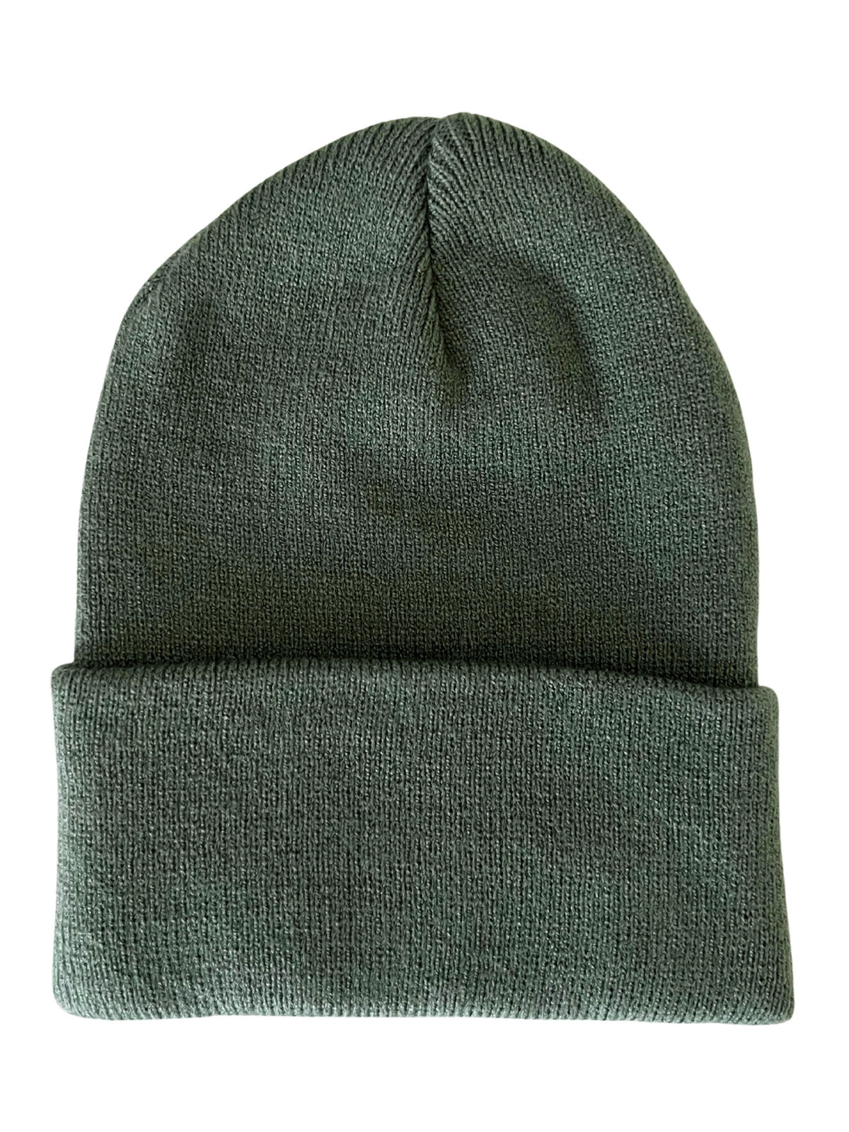 Dark green knit beanie hat with a folded cuff, displayed on a white background.