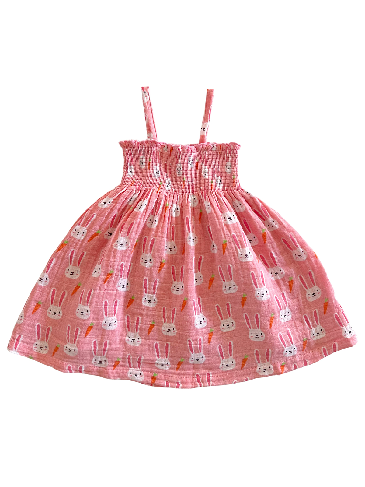 Pink sleeveless dress with a smocked bodice, featuring a playful bunny and carrot pattern throughout.