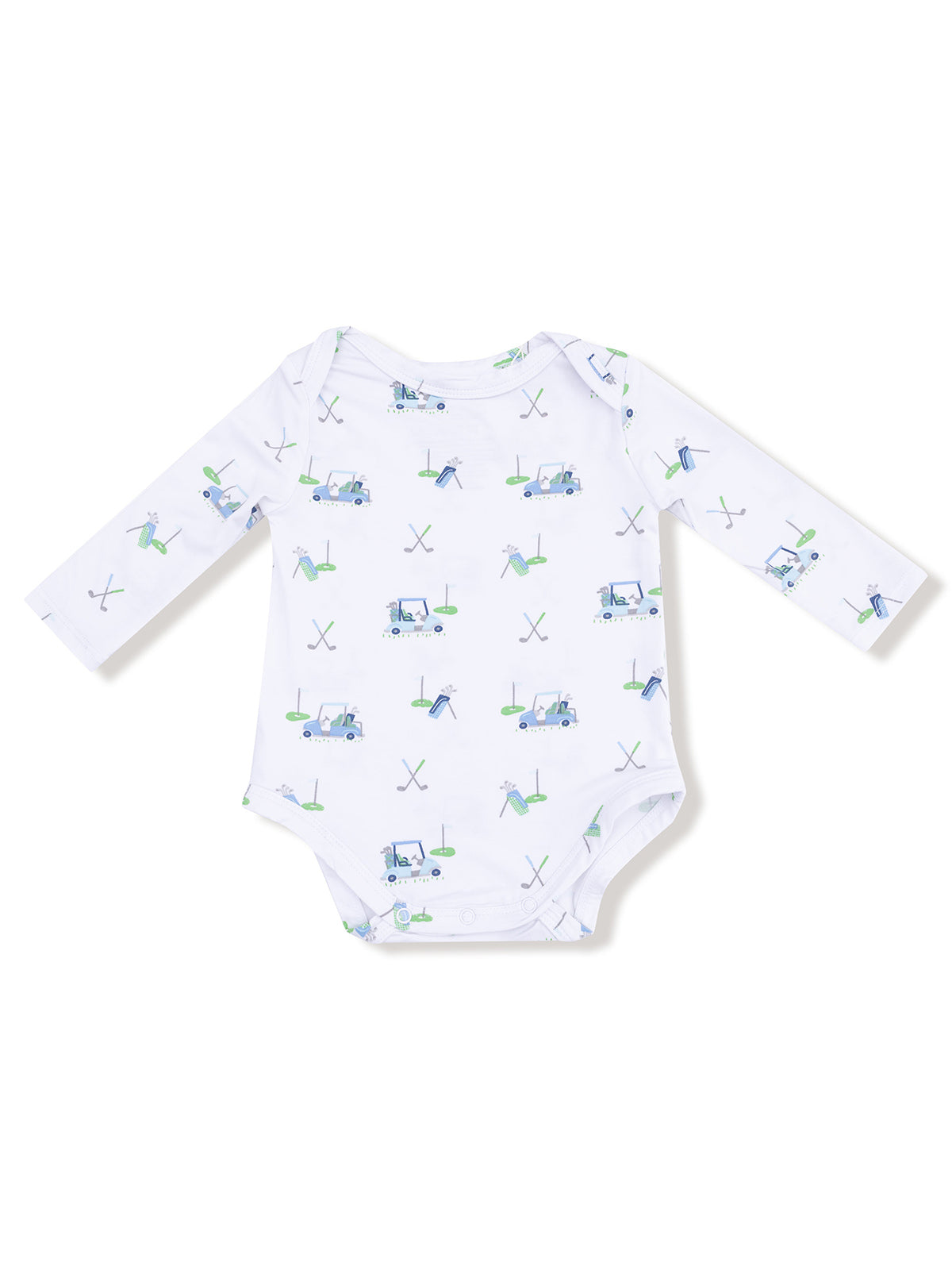 Long-sleeve baby onesie featuring playful golf-themed prints in blue and green on a white background.