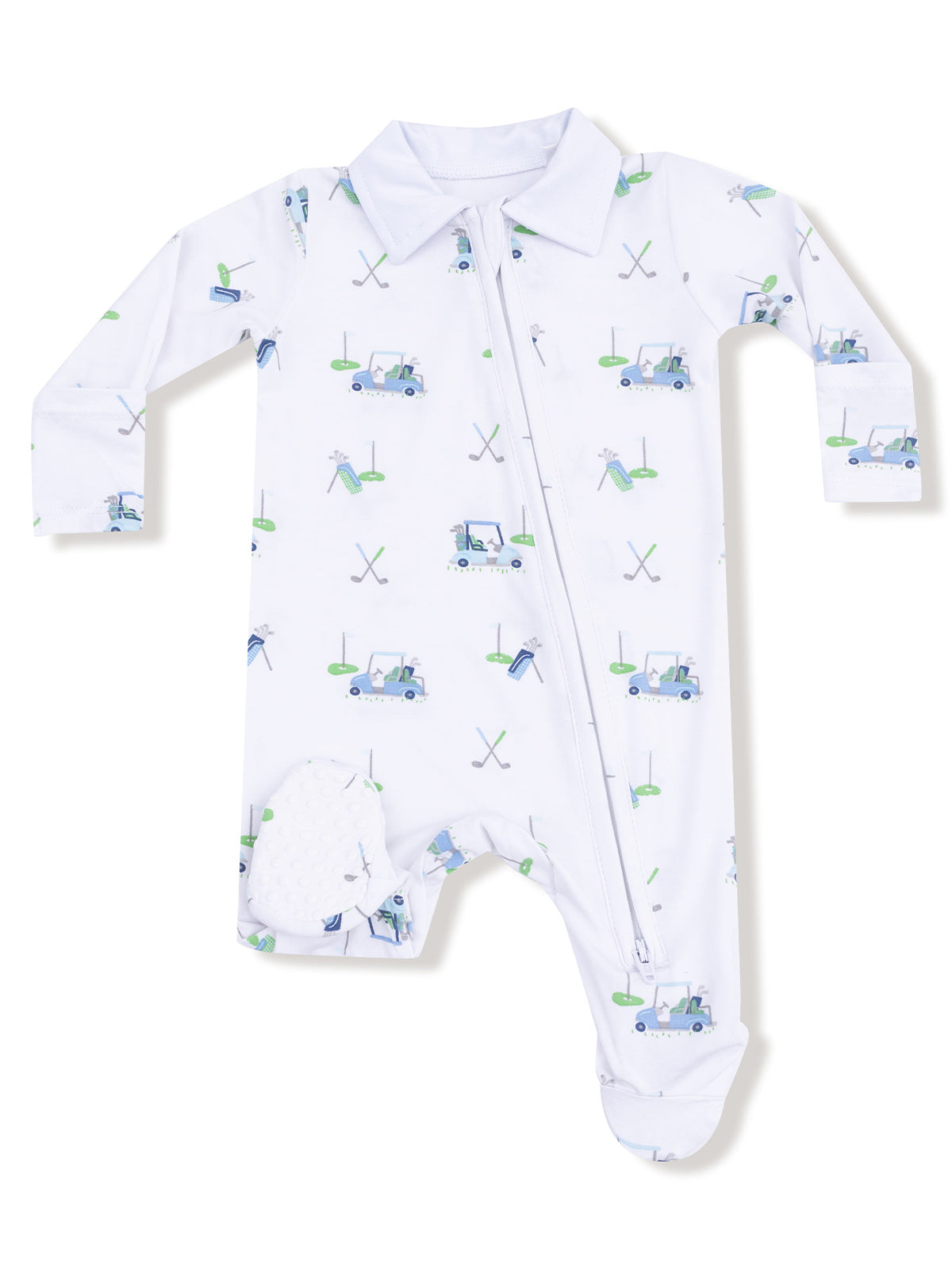 White baby onesie with golf-themed print, featuring golf clubs, golf carts, and putting greens.