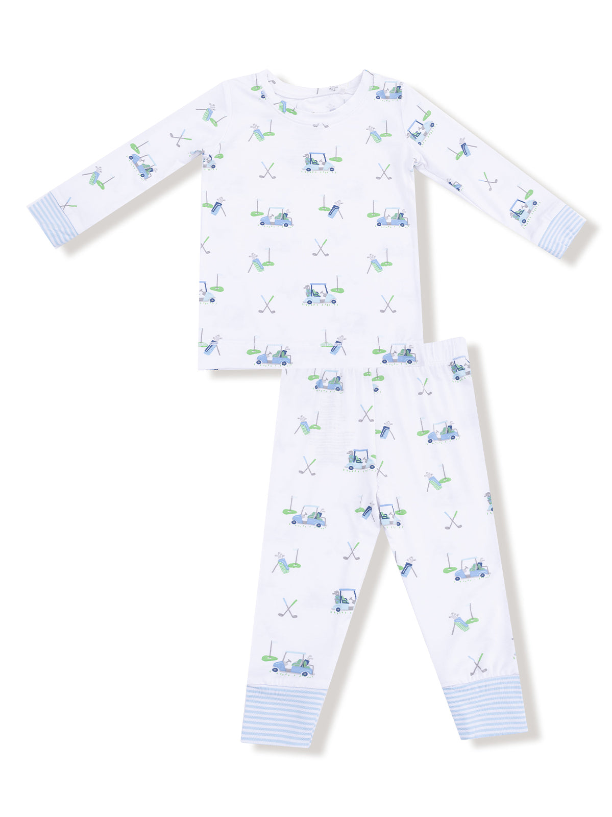 Children's pajamas featuring playful golf-themed illustrations on a white background. Long-sleeve top and pants.