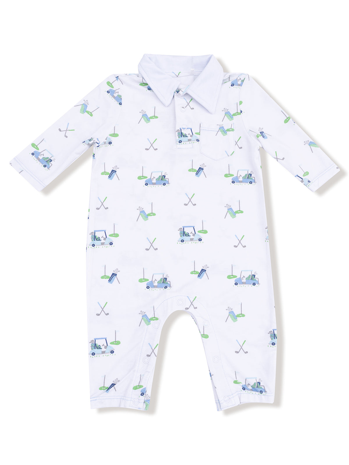 White golf-themed romper featuring golf carts, clubs, and tees in a fun, playful pattern. Suitable for infants.