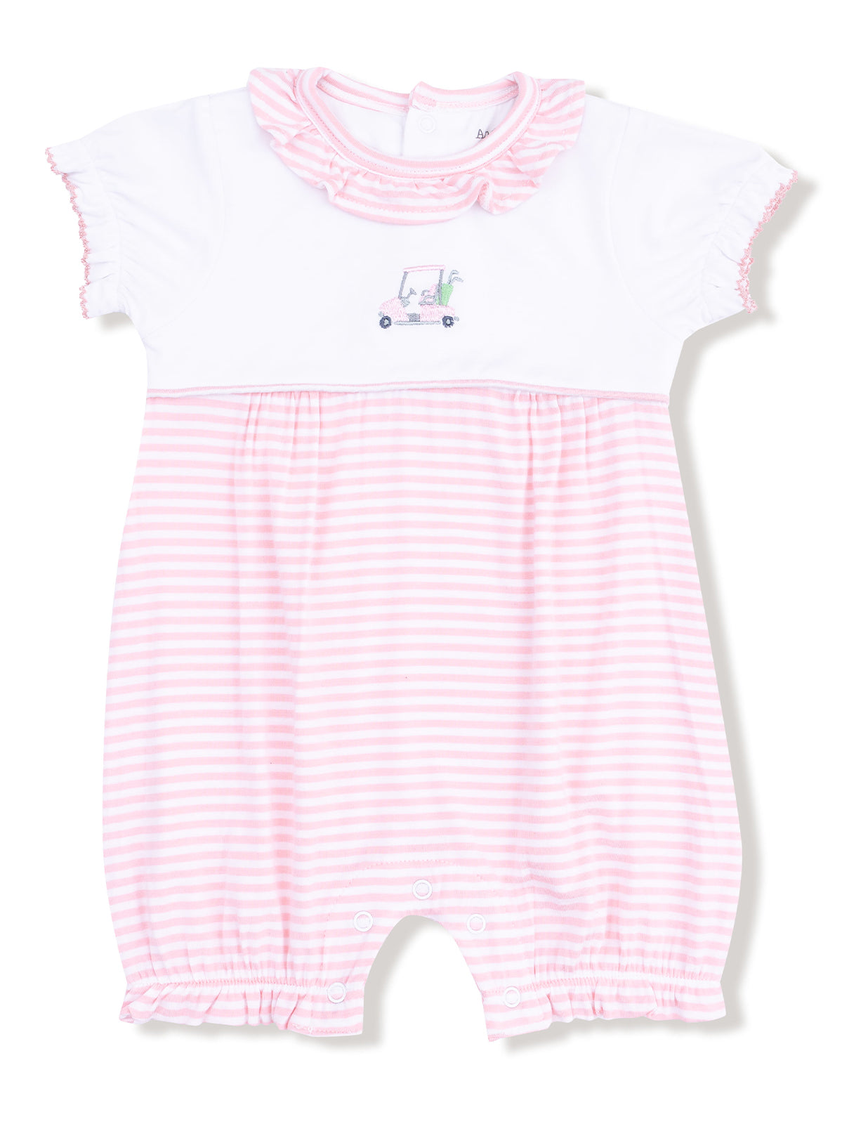 Pink and white striped baby romper with a frilled collar and a cute embroidered design on the chest.