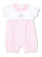 Pink and white striped baby romper with a frilled collar and a cute embroidered design on the chest.
