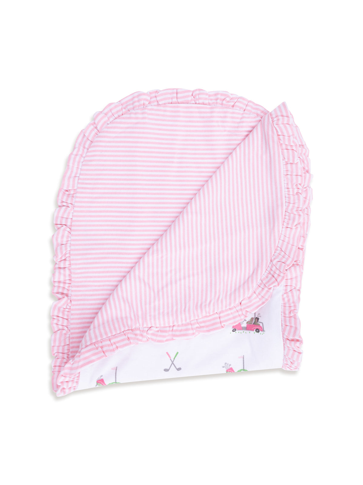 Pink ruffled blanket with striped pattern on one side and playful golf-themed print on the other side.