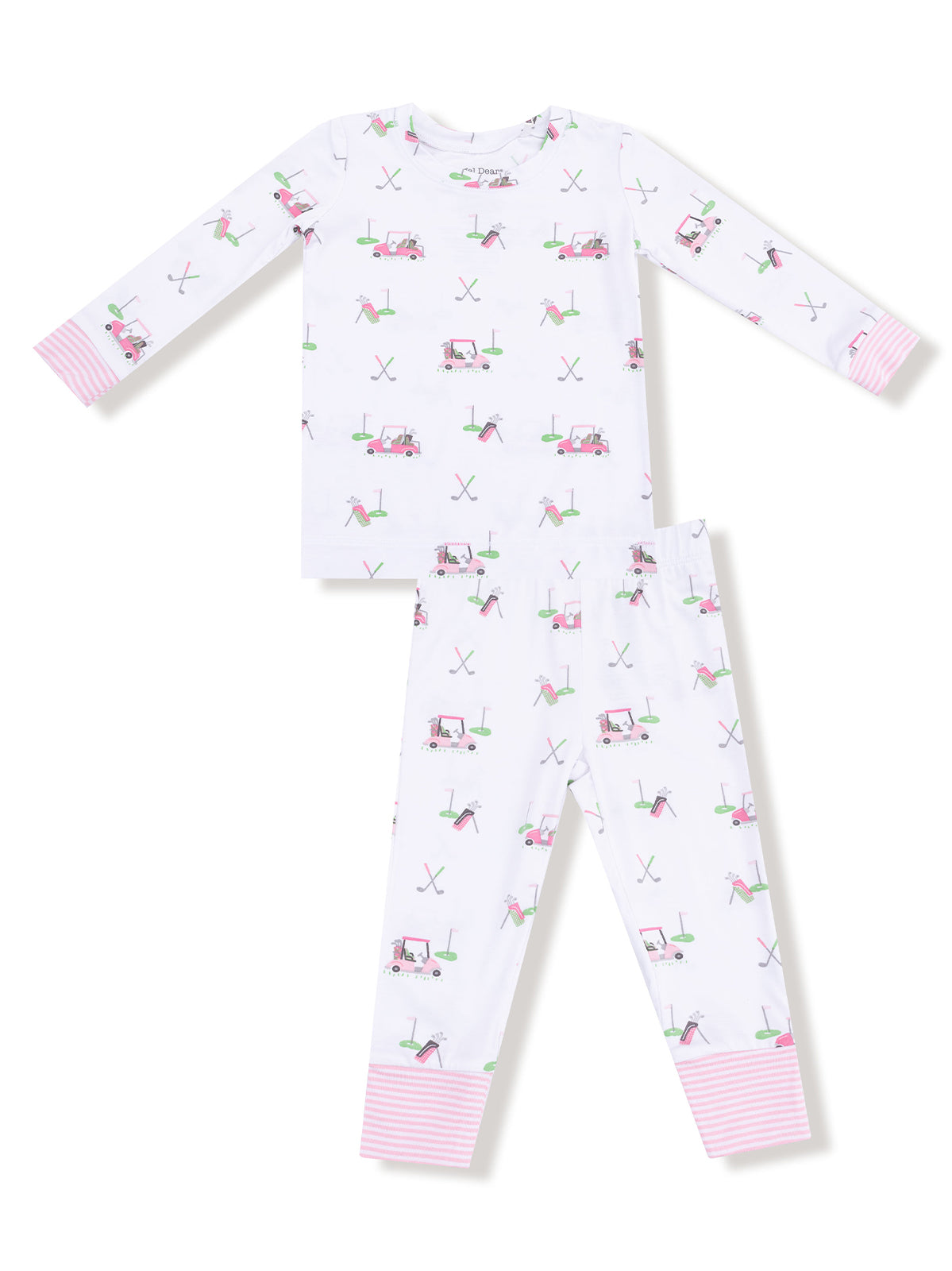 White pajama set with golf-themed prints, featuring long sleeves and striped cuffs. Perfect for kids' bedtime.