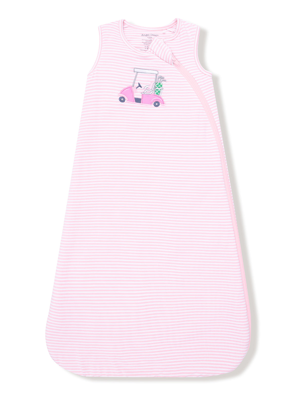 Pink striped sleep sack with a golf cart graphic and a pineapple design. Perfect for infants.