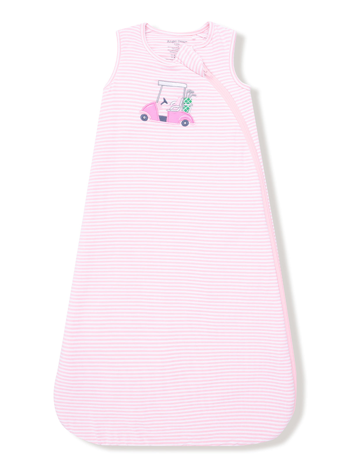 Pink striped sleep sack with a golf cart graphic and a pineapple design. Perfect for infants.