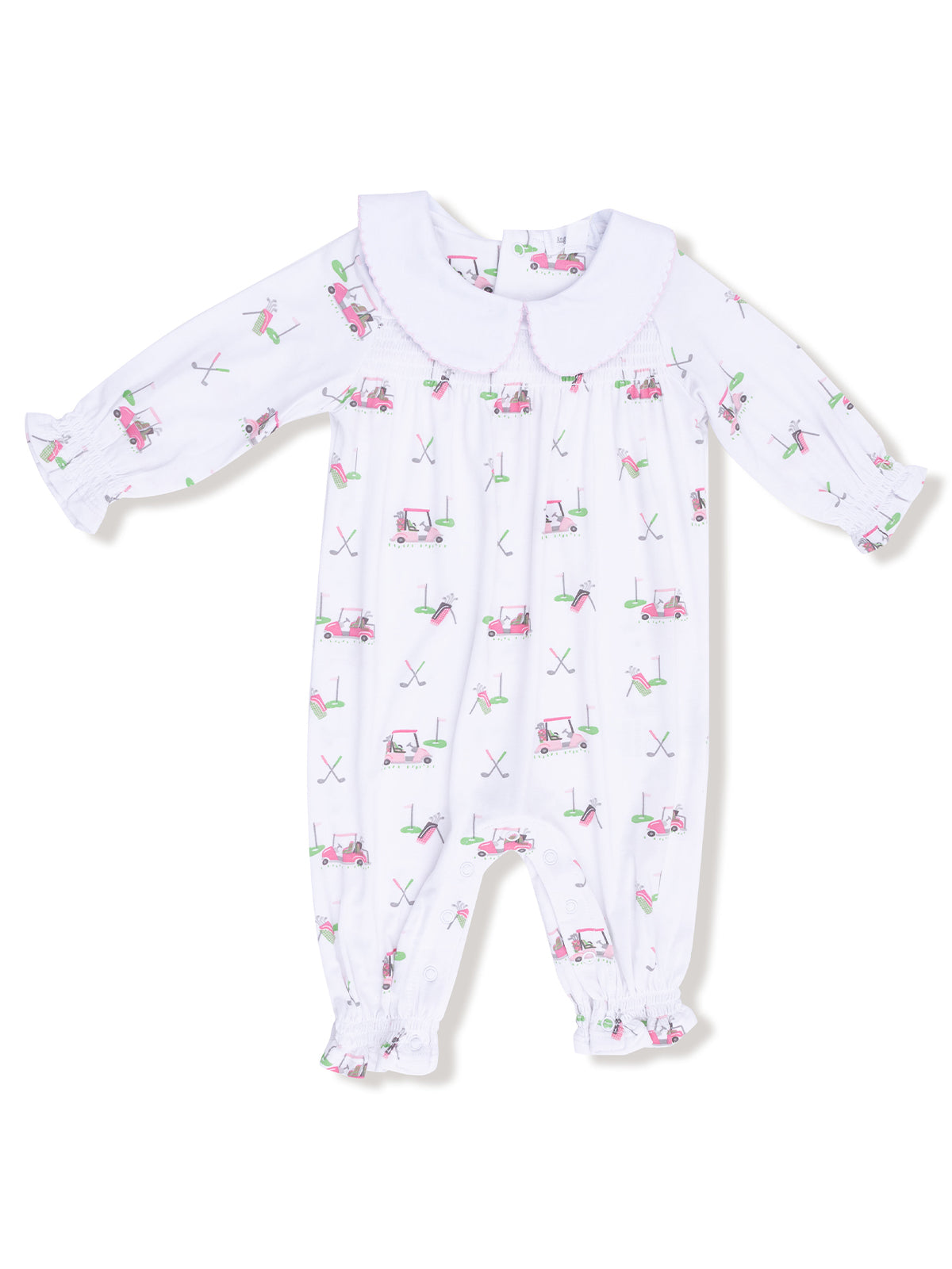 White baby romper with golf cart and equipment print, featuring a large collar and elasticized ankle cuffs.