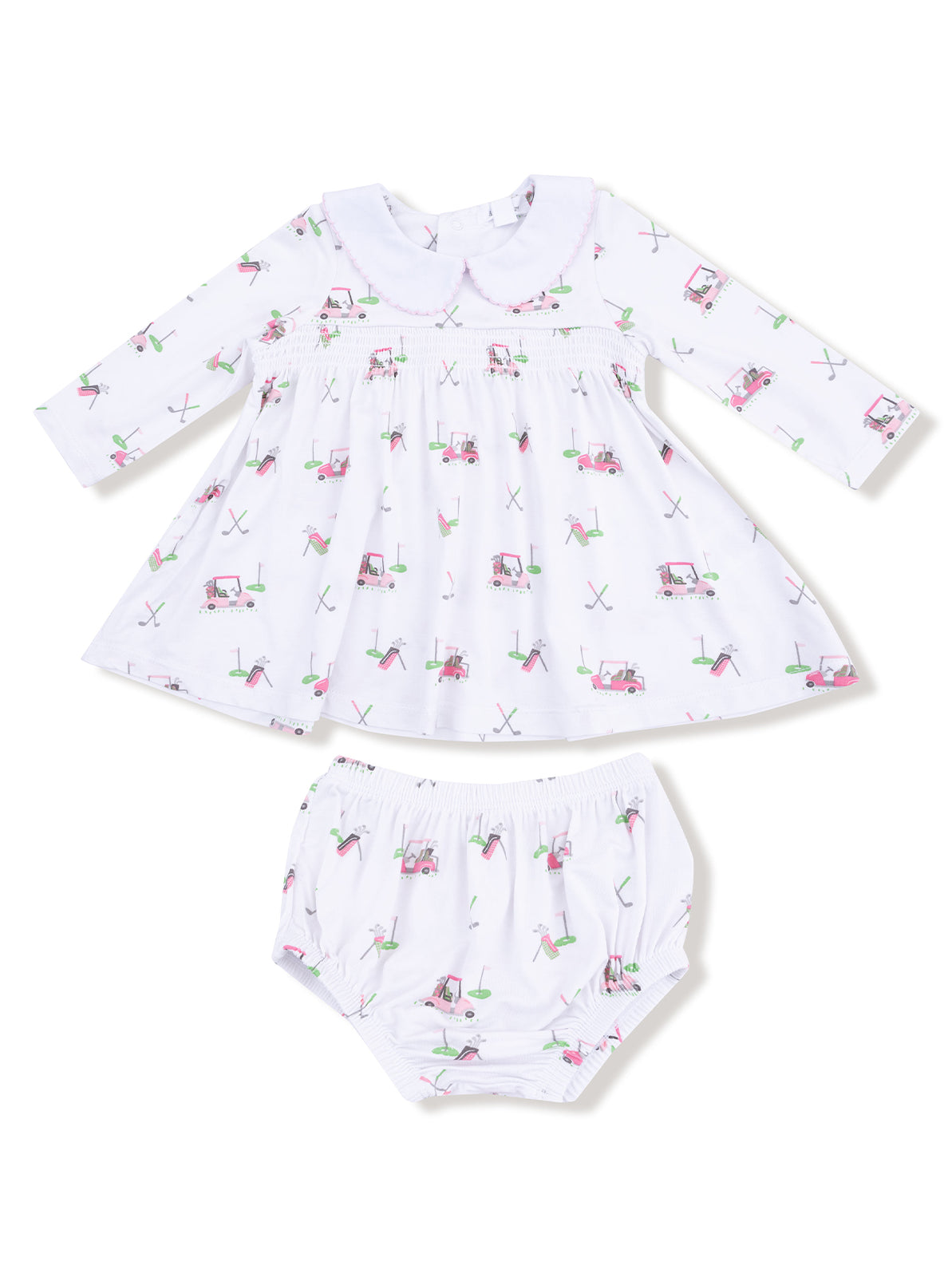 White baby dress with long sleeves, collar, and golf-themed print, paired with matching bloomer shorts.
