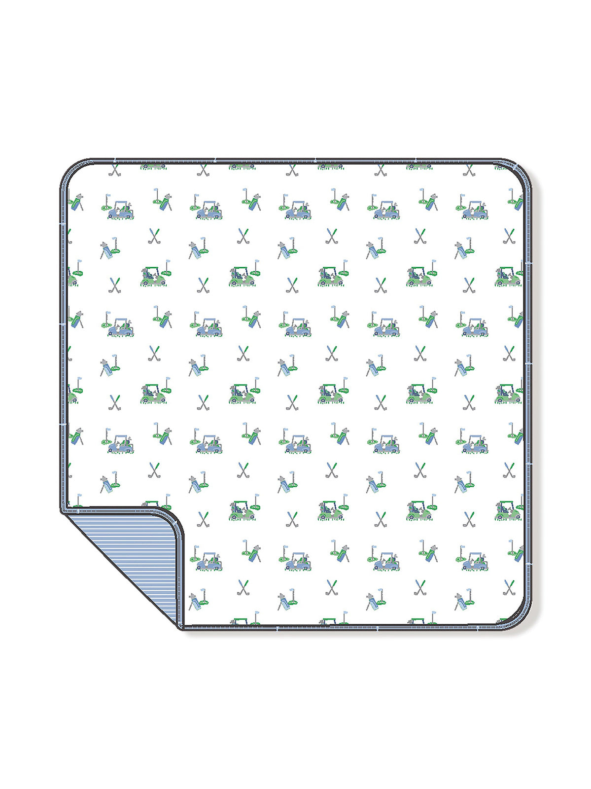 Patterned blanket featuring golf carts, flags, and golf clubs on a white background.