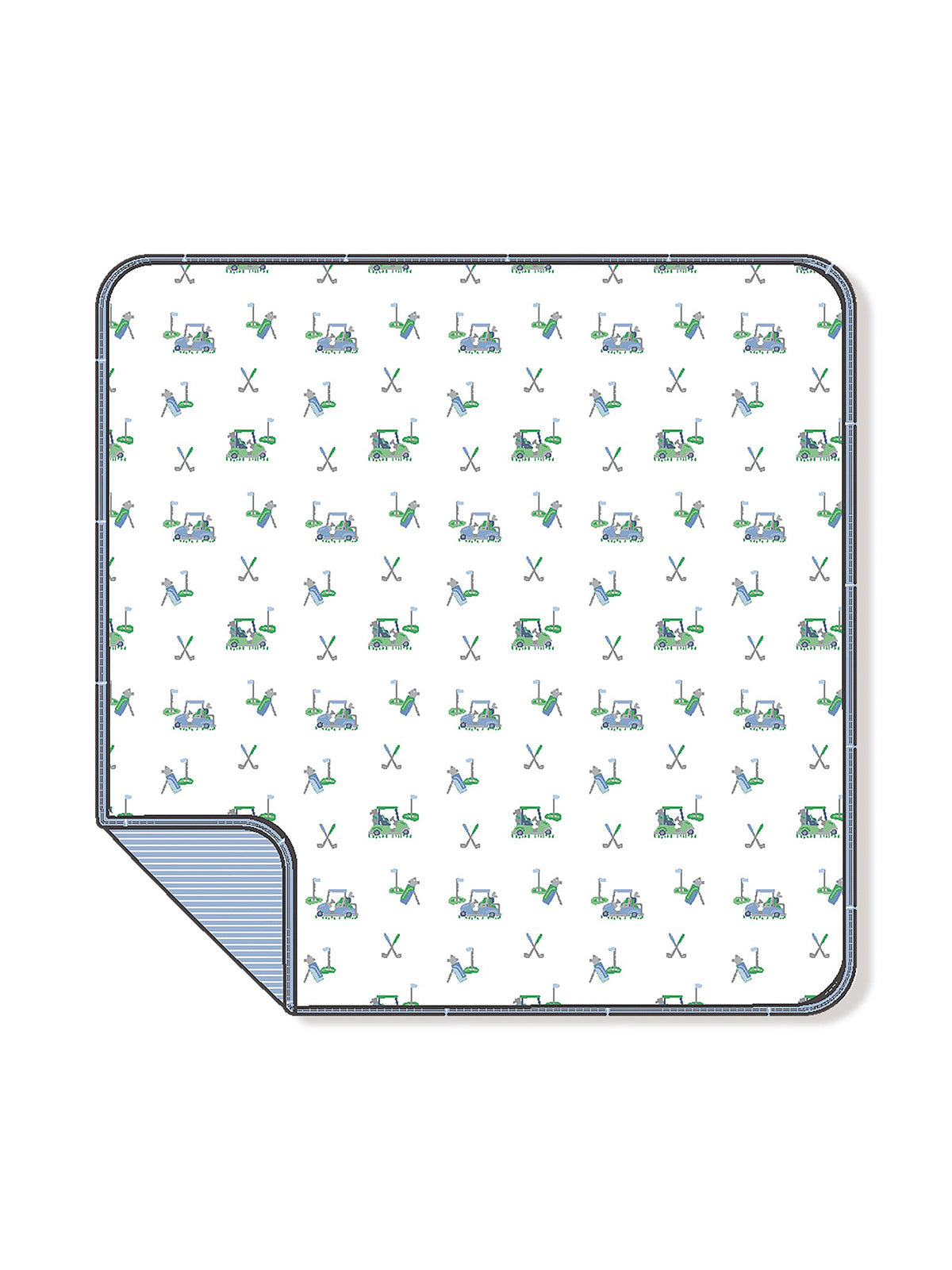 Patterned blanket featuring golf carts, flags, and golf clubs on a white background.