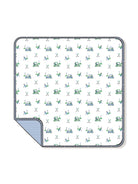 Patterned blanket featuring golf carts, flags, and golf clubs on a white background.
