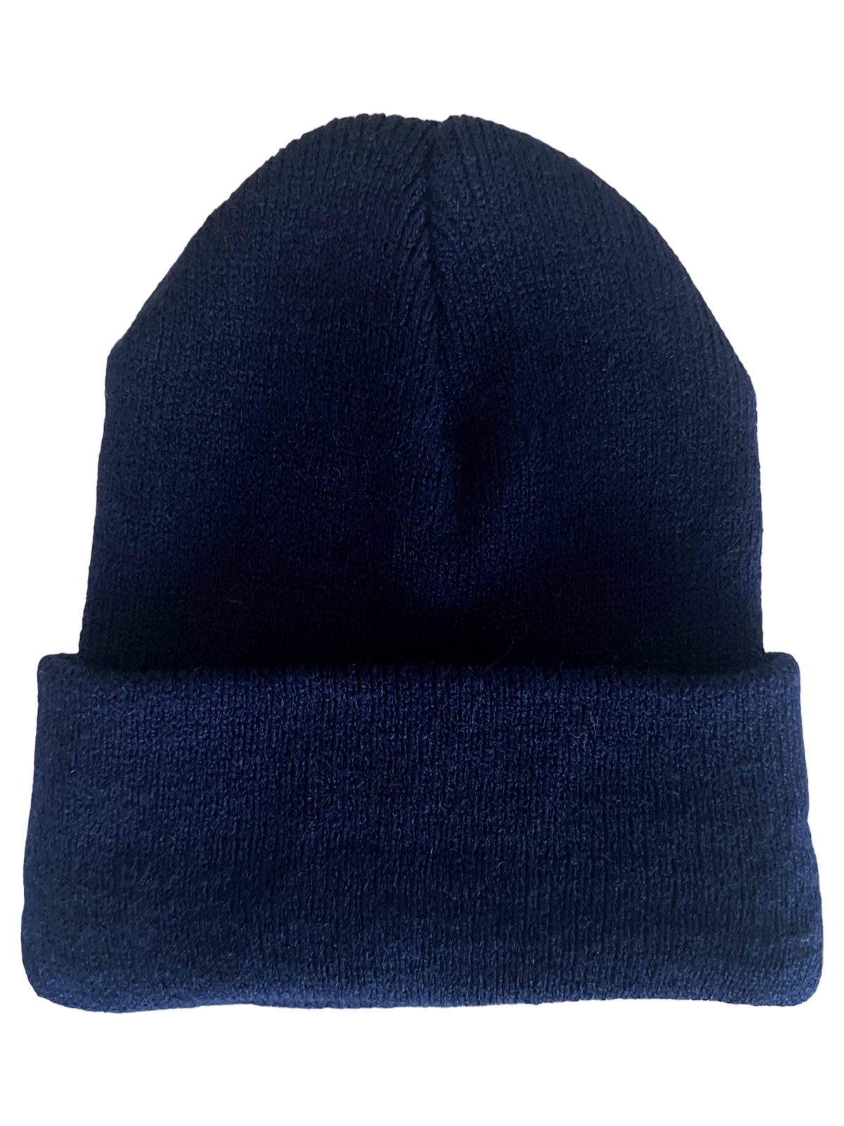 Navy blue knitted beanie hat, featuring a folded cuff for added warmth and style.