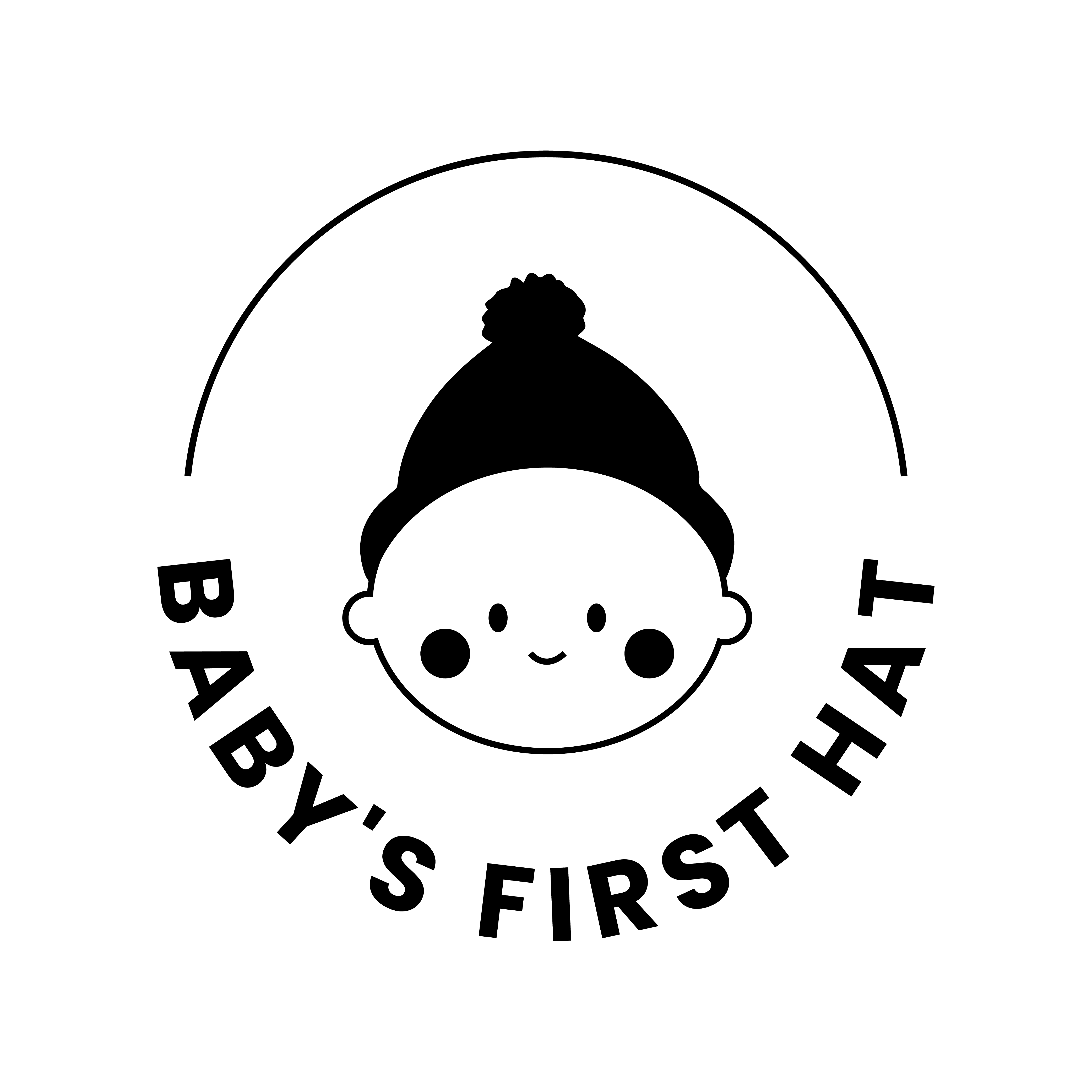 Black and white logo featuring a smiling baby wearing a hat, with text "Baby's First Hat" around it.