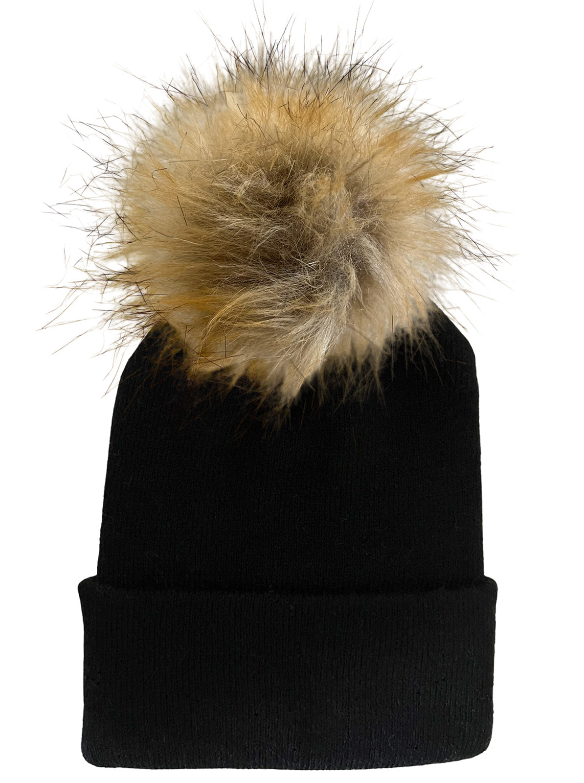 Black knit beanie with a large, fluffy tan pom-pom on top.
