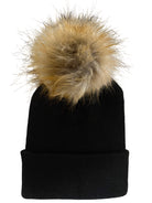 Black knit beanie with a large, fluffy tan pom-pom on top.