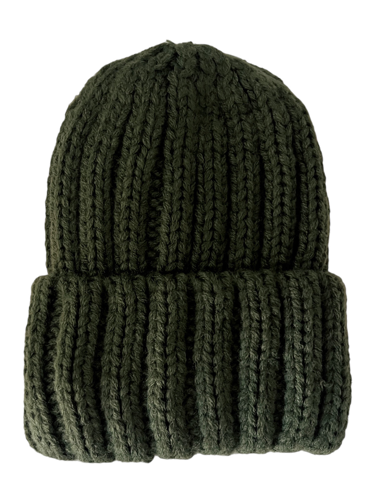 Olive green knitted beanie hat with a folded brim, showcasing textured, ribbed design.