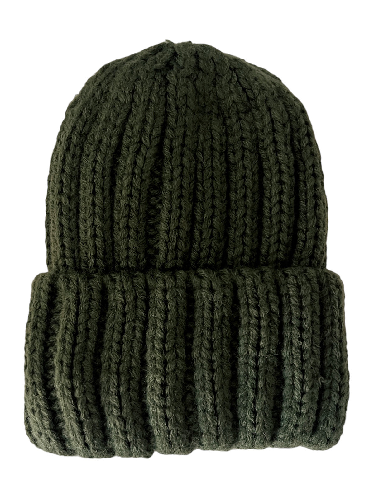 Olive green knitted beanie hat with a folded brim, showcasing textured, ribbed design.