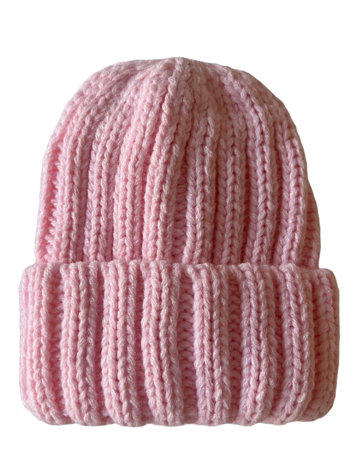 Pink knitted beanie hat with a ribbed design, suitable for cold weather wear.