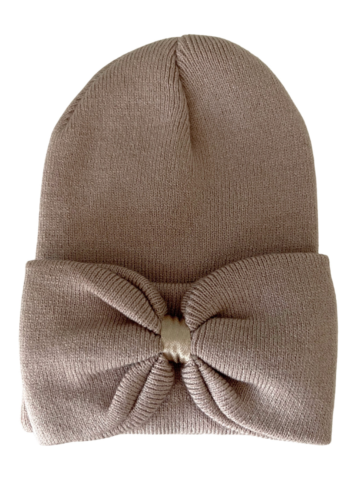 Beige knitted beanie with a decorative knot at the front, folded cuff style for added warmth.