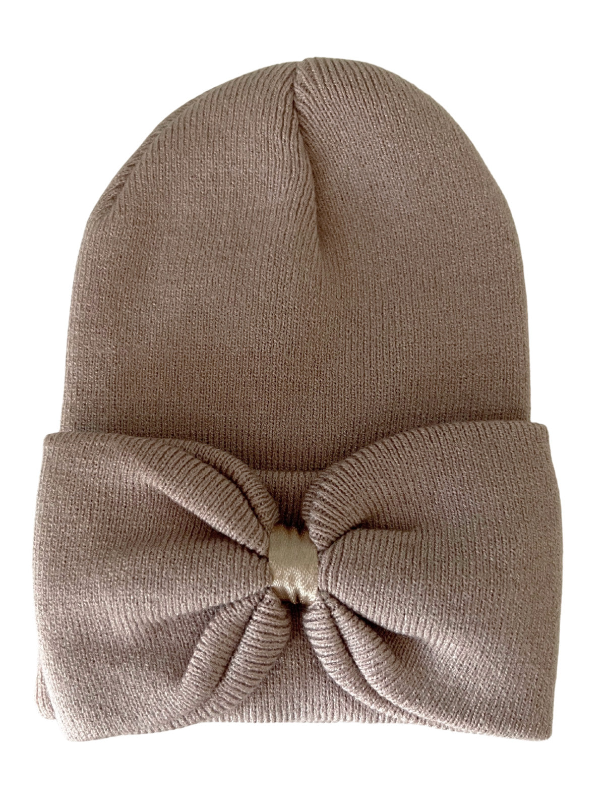 Beige knitted beanie with a decorative knot at the front, folded cuff style for added warmth.