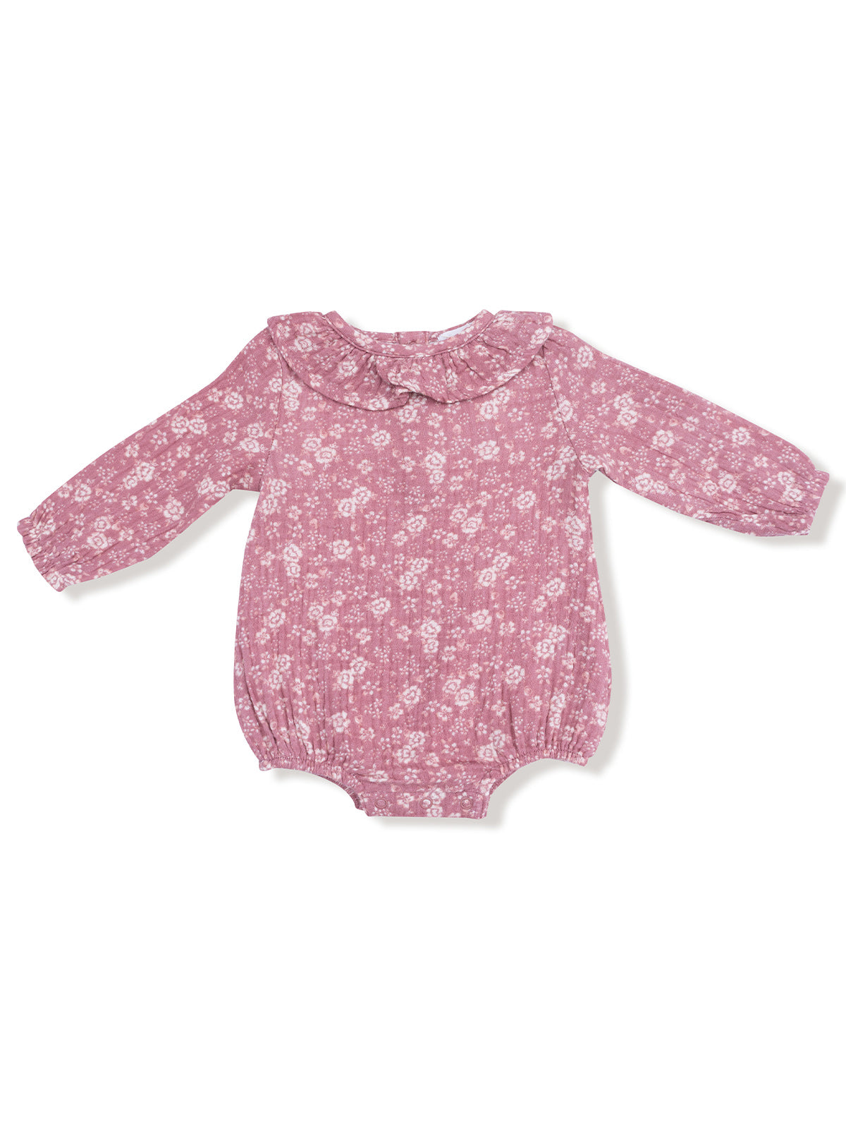 Pink floral baby romper with long sleeves and a ruffled collar, displayed from the back.