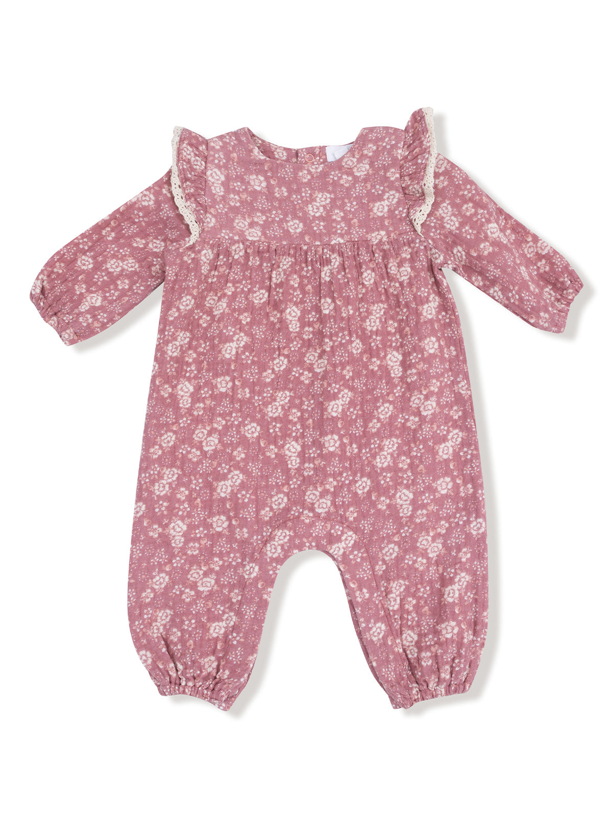 Floral baby romper in pink with ruffled sleeves and elastic cuffs, ideal for comfort and style.