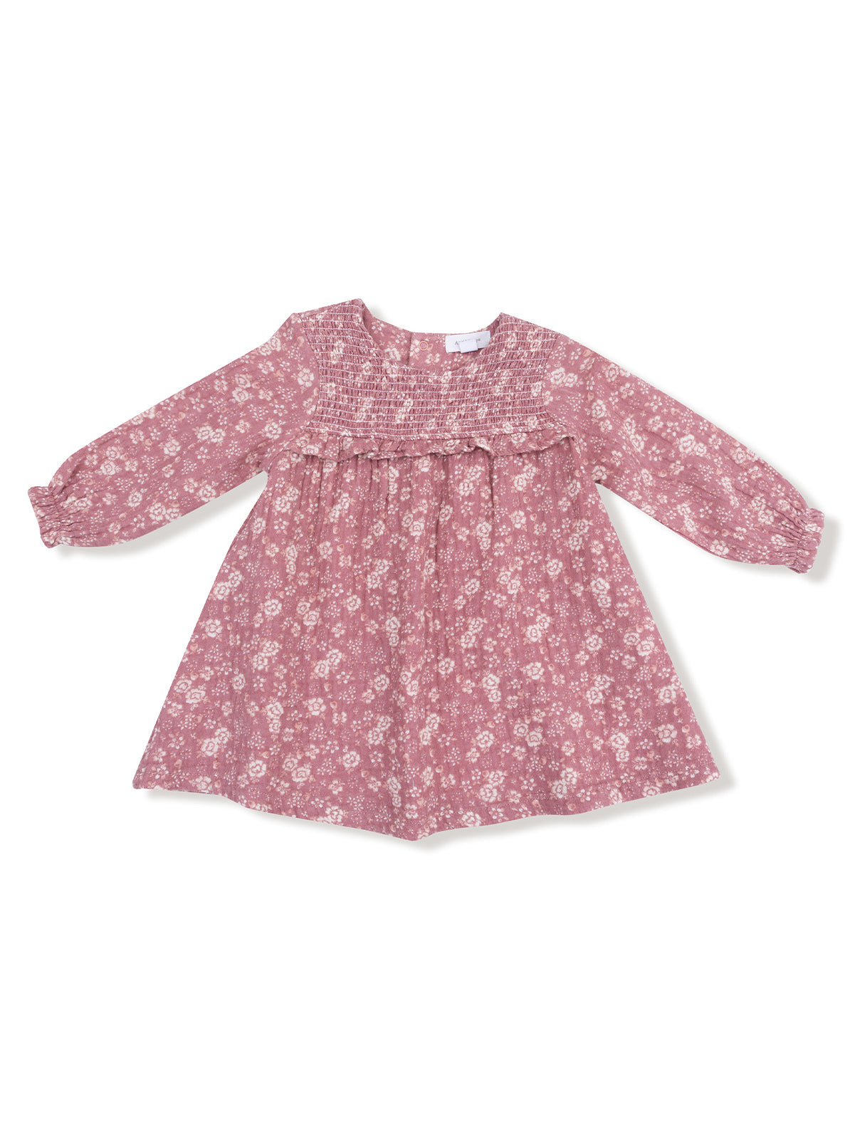 Pink floral dress with long sleeves and smocked bodice, perfect for casual outings or special occasions.