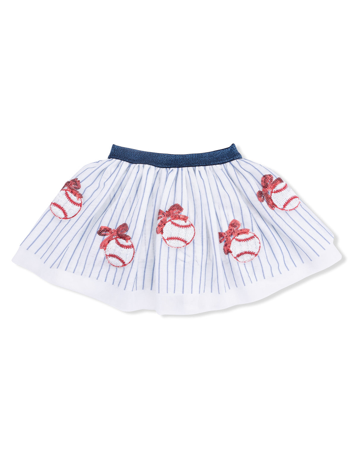 White striped skirt with red baseball embroidery and a blue waistband. Playful and sporty design for kids.