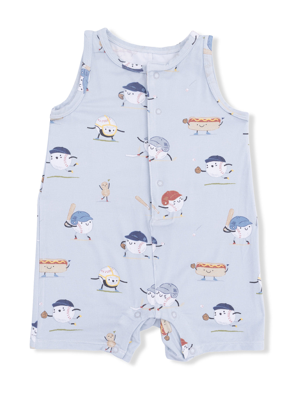 Light blue baby romper with playful food and baseball character patterns. Features snap buttons for easy dressing.
