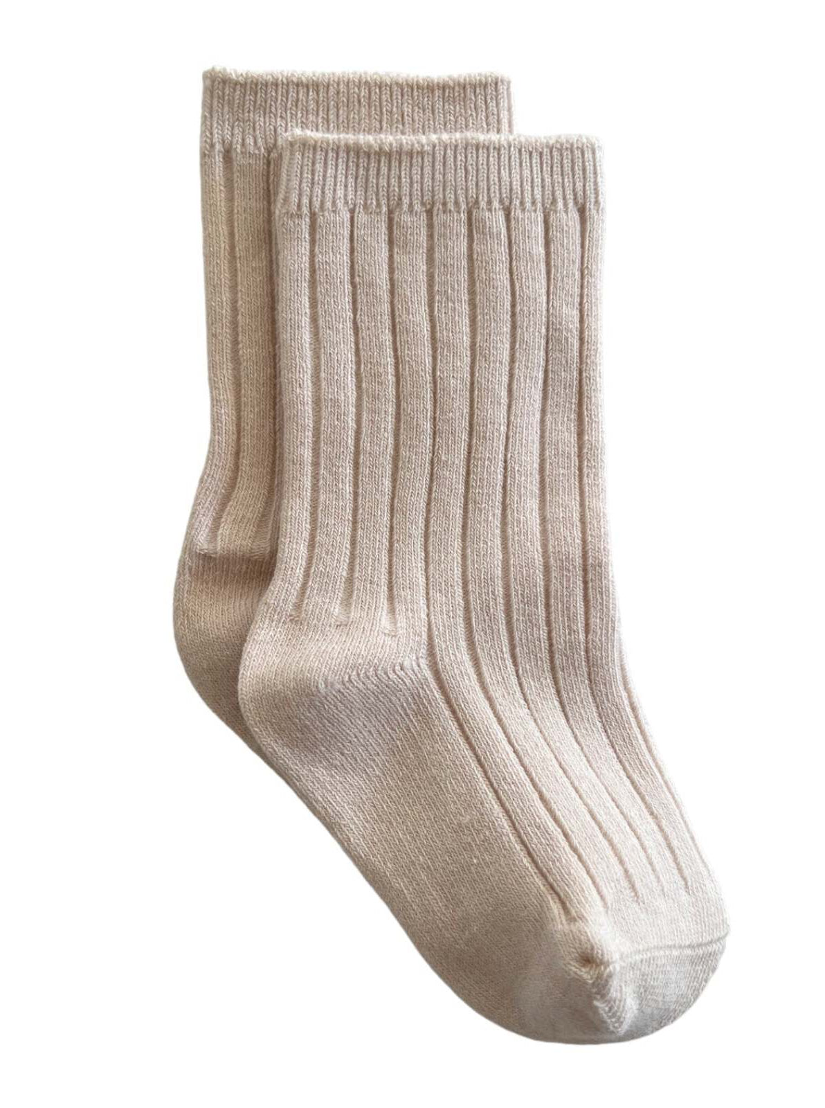 Beige ribbed socks arranged together on a white background. Ideal for casual or cozy wear.