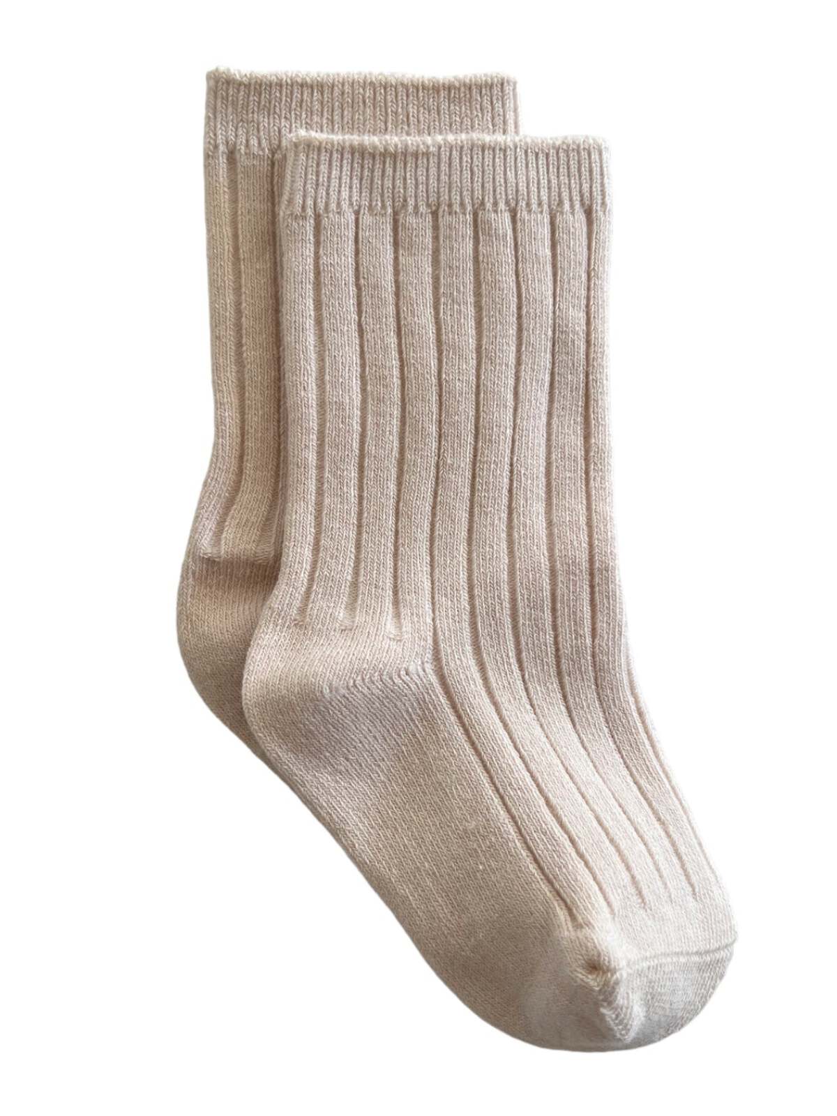 Beige ribbed socks arranged together on a white background. Ideal for casual or cozy wear.