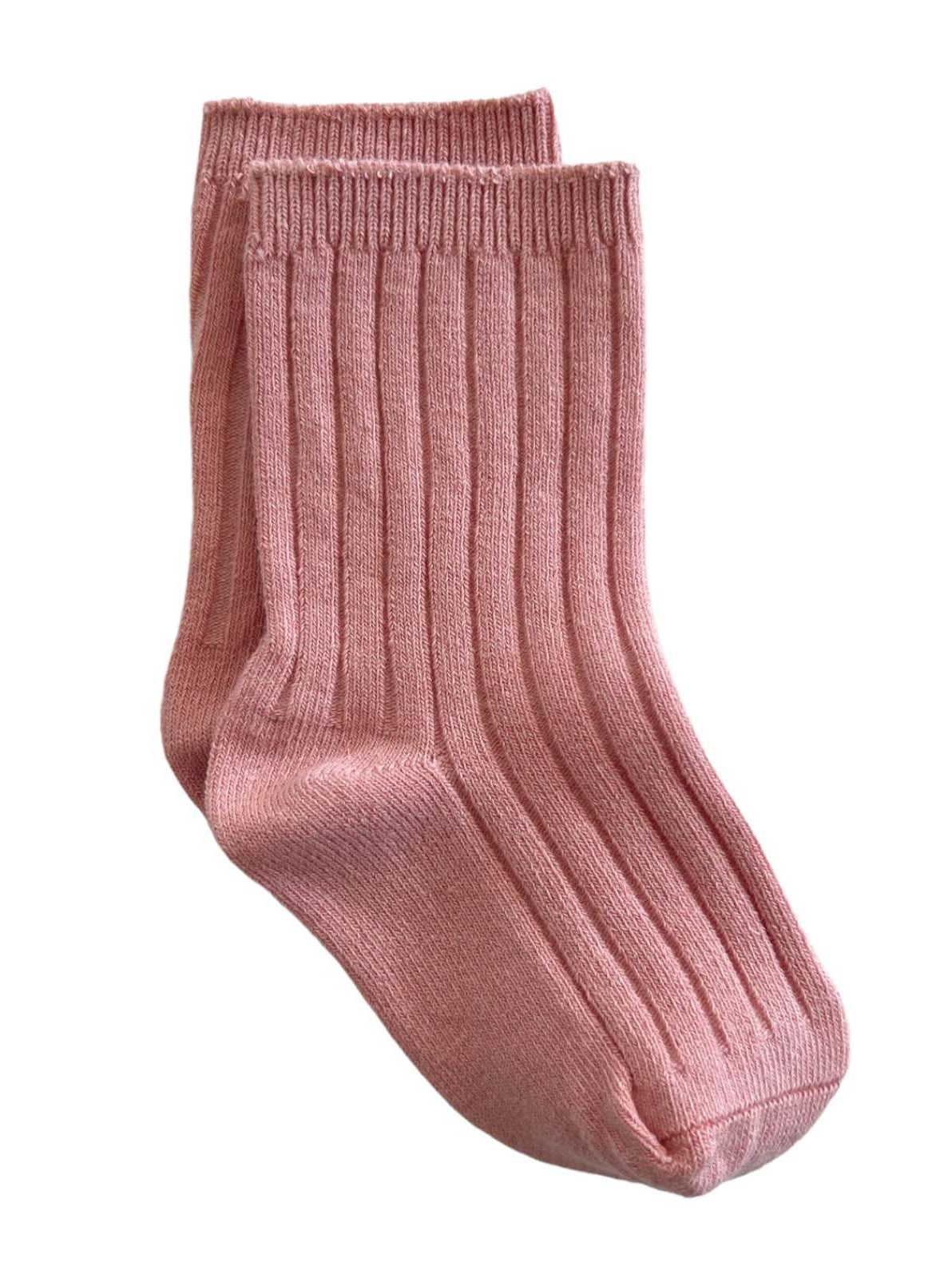 Pink ribbed socks folded together on a white background. Ideal for casual or cozy wear.