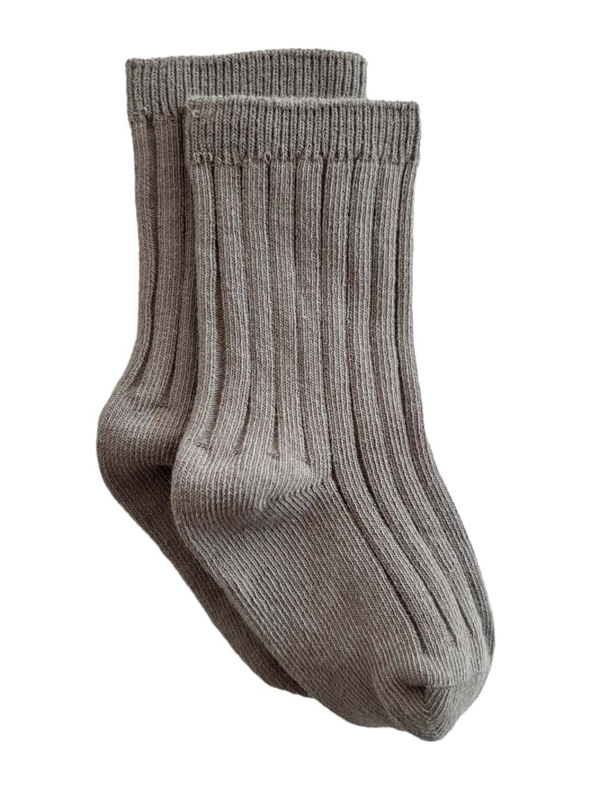 Pair of gray ribbed socks displayed on a white background.