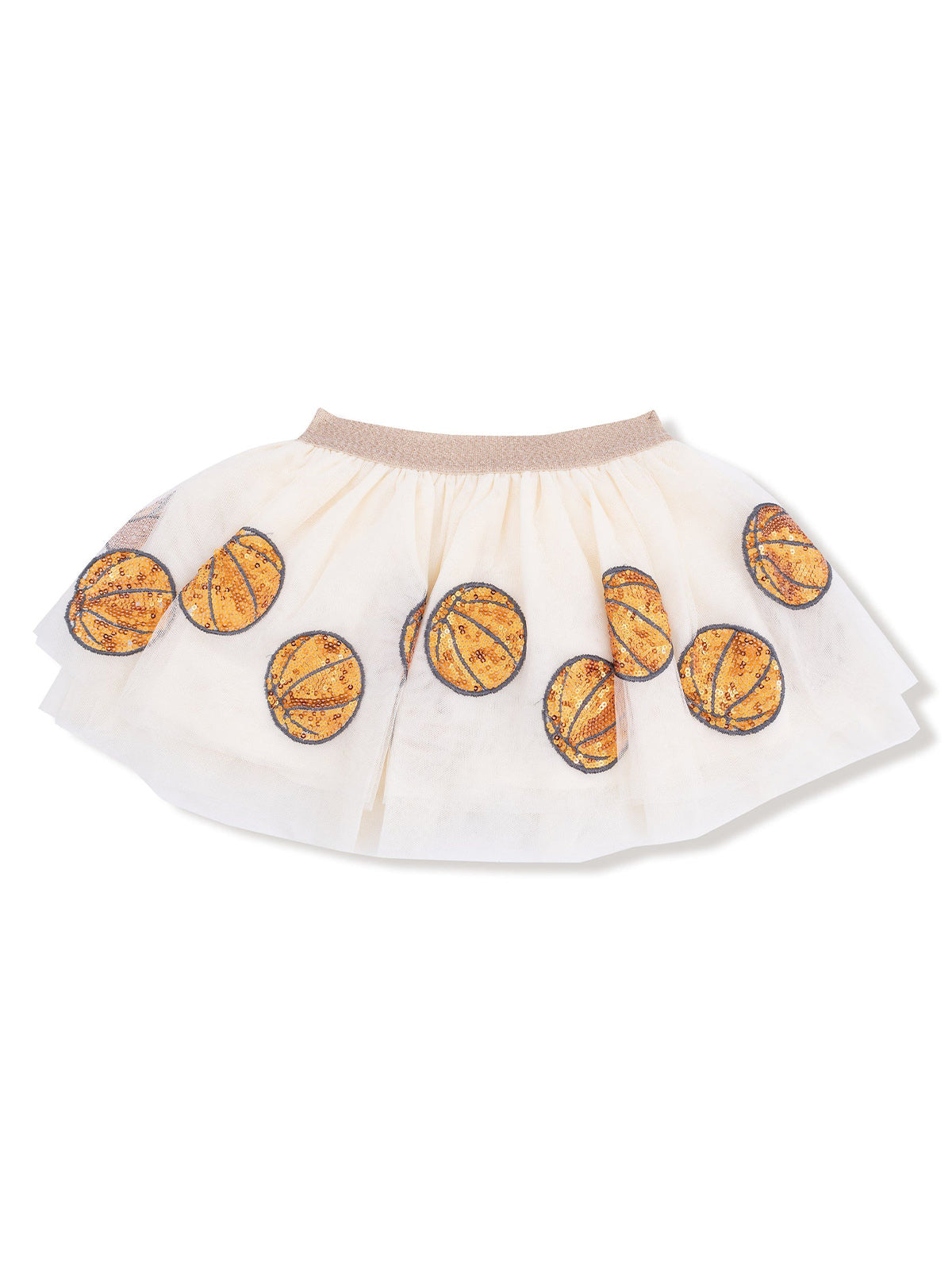 White skirt with decorative orange basketball prints around the hem. Ideal for sports-themed outfits.