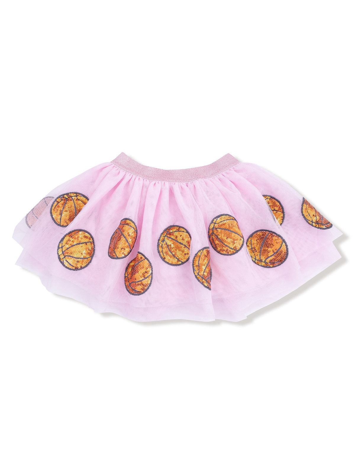 Pink tulle skirt adorned with colorful basketball prints, perfect for sporty and playful outfits.