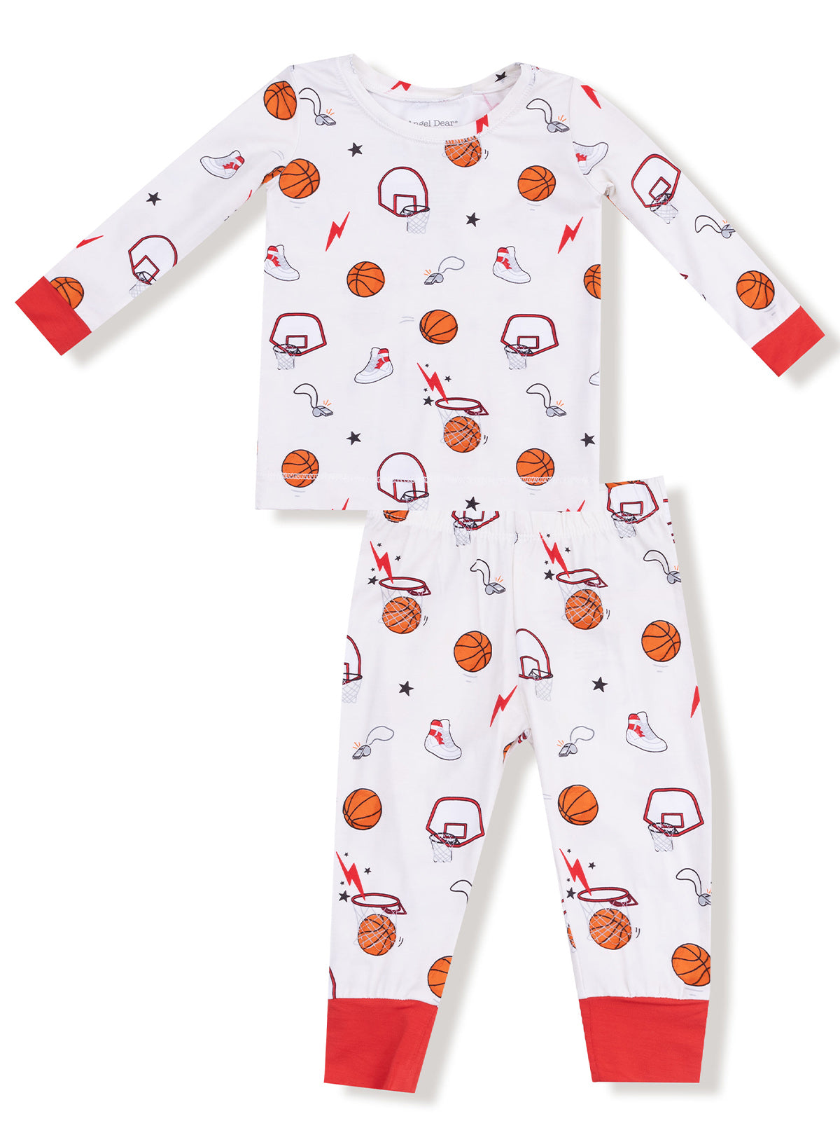 Kids' basketball-themed pajama set featuring playful prints of balls, hoops, and sneakers on a white background.