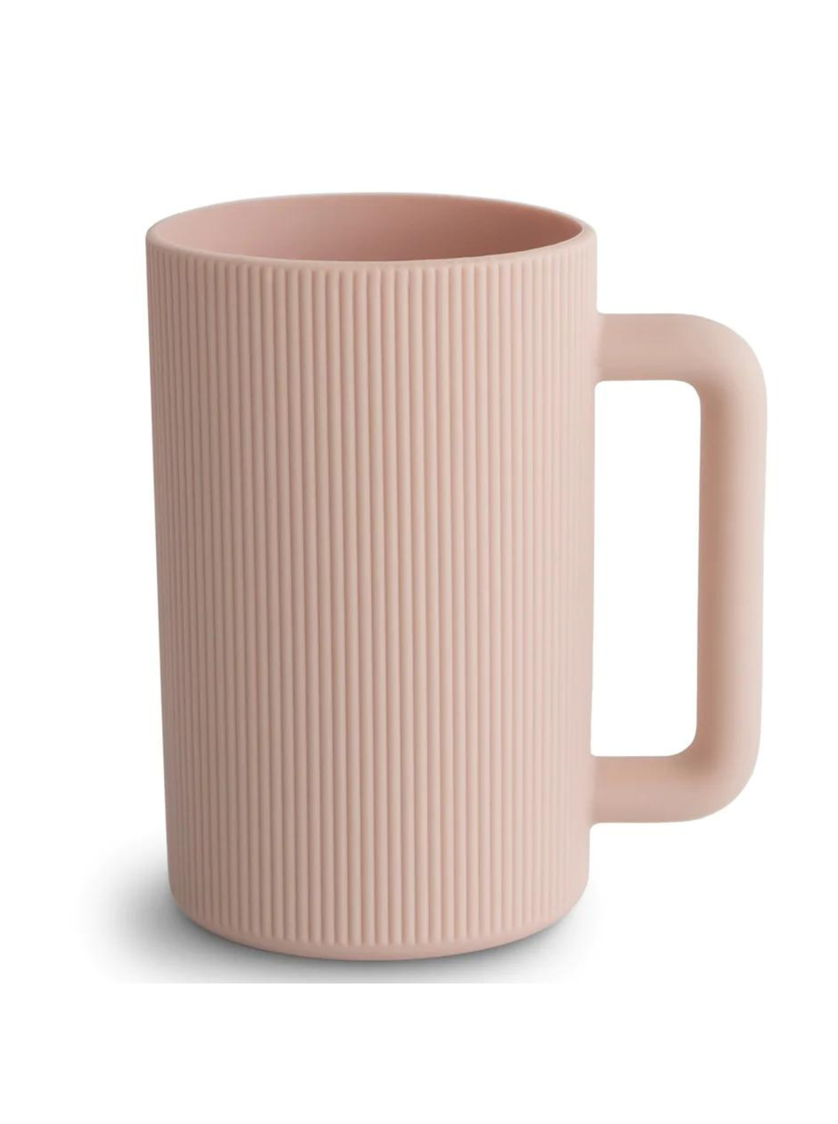 Pink ribbed ceramic mug with a smooth handle, designed for comfort and style.